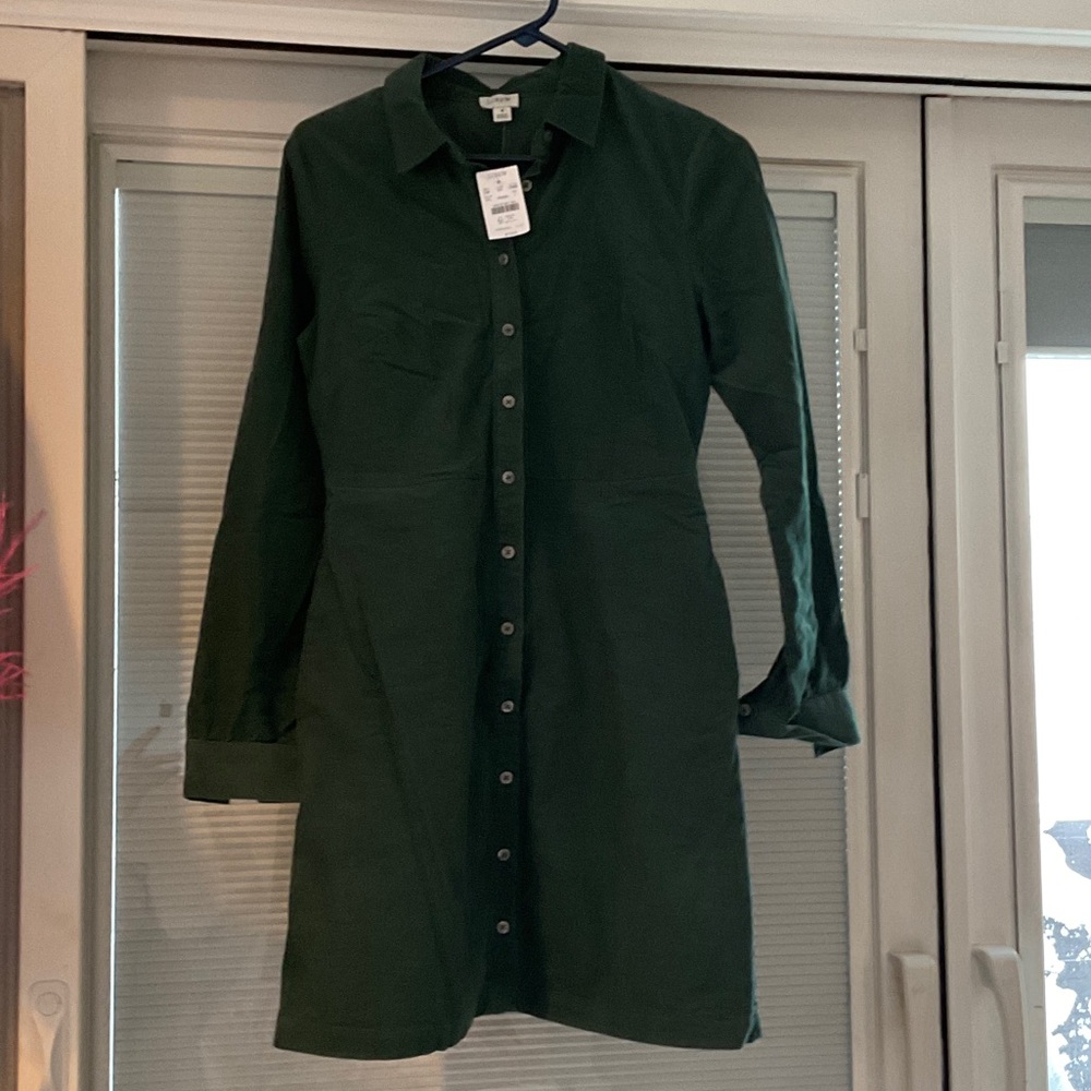 Green Button-Up Micro-cord Shirt Dress